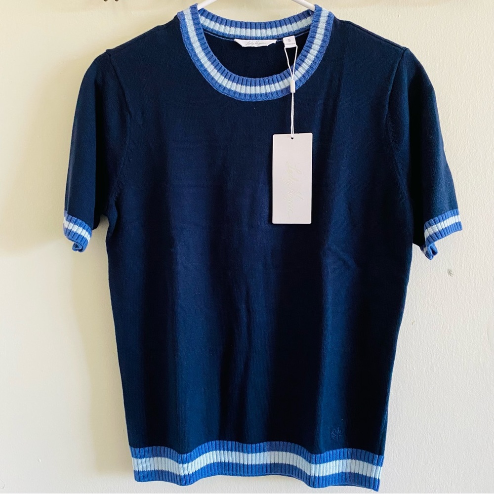 Women's Lady Hagen Clubhouse Short Sleeve Sweater, Size S, Blue Knit Crew NEW.